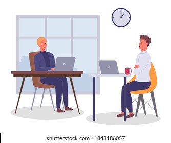 Young men working at laptops, chatting, coffee break, teamwork. Office interior, devices, tables, chairs. Colleagues work and communicate together. Flat vector illustration isolated on white
