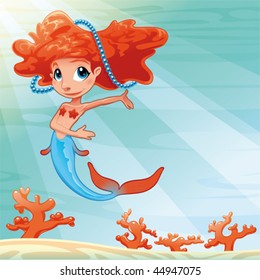 Young mermaid with background. Funny cartoon and vector mythological illustration.