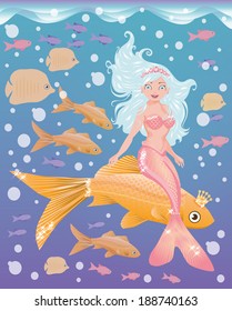 Young mermaid girl with golden fish, vector illustration