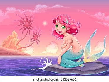 Young mermaid near the shore. Vector cartoon illustration