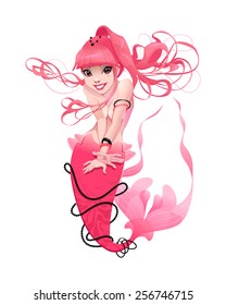 Young mermaid in pink. Funny cartoon and vector mythological character. 