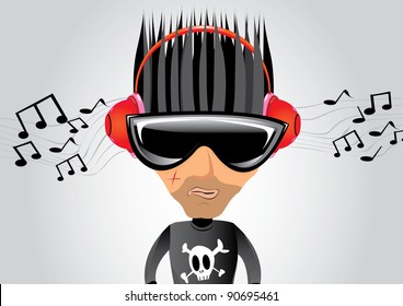 Young metal boy listening music with red headphones. Vector illustration.