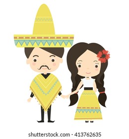 A young mexican couple in traditional costumes. Vector illustration.