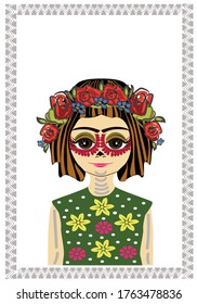 Young mexican girl with painted face for carnival. Holiday Day of the Dead. Portrait. Body art. On the head is a wreath of flowers. Holidays in Mexico. Graphic illustration.  Use for holiday invitatio