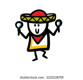 A young Mexican man musician in a national costume and hat shakes maracas in his hands. Vector illustration of boy in traditional musical consert.