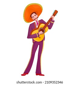 Young mexican man in sambrero with guitar.Cartoon vector graphic.