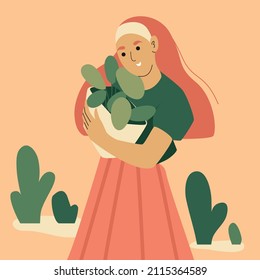 Young Mexican woman with a basket of plants on a background of cacti. A woman carries a basket of leaves. Vector illustration