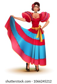 Young Mexican woman in red dress solo dancing. Isolated on white vector cartoon illustration