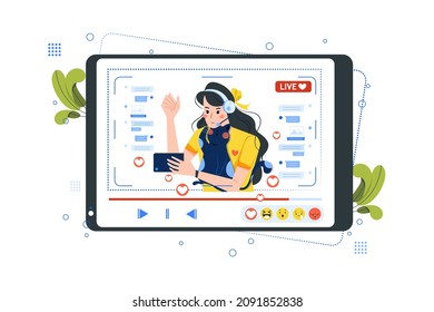 Young micro-influencer live on video streaming Illustration concept. Flat illustration isolated on white background.