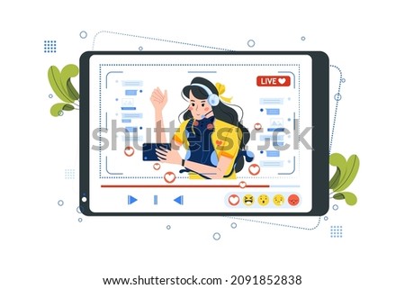 Young micro-influencer live on video streaming Illustration concept. Flat illustration isolated on white background.