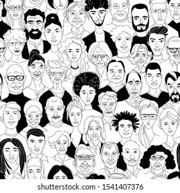 Young, middle age, senior adult women's men's head seamless pattern background. Diversity multiracial, multiethnic crowd group of people. Hand drawn line drawing doodle vector illustration poster