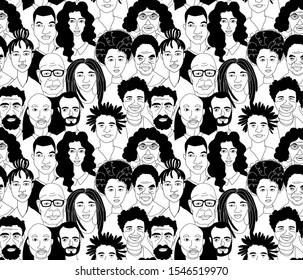 Young, middle age, senior adult women's men's head seamless pattern background. Diversity black african afro american crowd group of people. Hand drawn line drawing doodle vector illustration poster