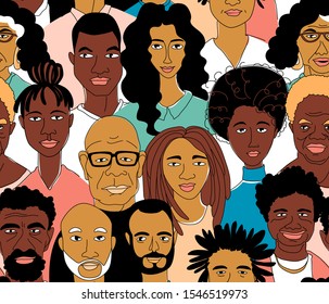 Young, middle age, senior adult women's men's head seamless pattern background. Diversity black african afro american crowd group of people. Hand drawn line drawing doodle vector illustration poster