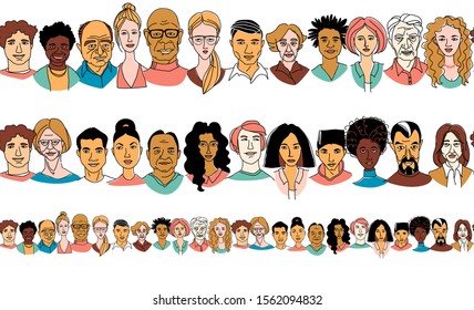 Young, middle age, senior adult women's men's portraits seamless pattern border frame background. Diversity multiracial, multiethnic crowd group of people. Hand drawn line doodle vector illustration