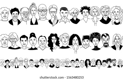 Young, middle age, senior adult women's men's portraits seamless pattern border frame background. Diversity multiracial, multiethnic crowd group of people. Hand drawn line doodle vector illustration