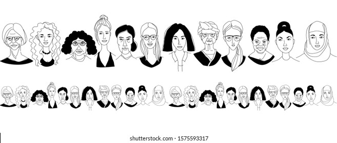 Young, middle age, senior adult female head seamless border background Feminist International Women's, Mother's Day. Women support, girl power. Hand drawn line doodle vector illustration poster