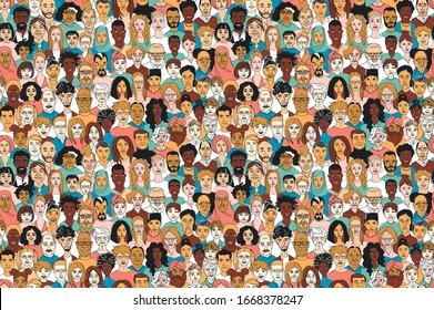 Young, middle age, senior adult women's men's children's seamless pattern background. Diversity multiracial, multiethnic crowd group people. Hand drawn line drawing doodle vector illustration poster