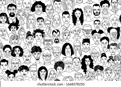 Young, Middle Age, Senior Adult Women's Men's Children's Seamless Pattern Background. Diversity Multiracial, Multiethnic Crowd Group People. Hand Drawn Line Drawing Doodle Vector Illustration Poster