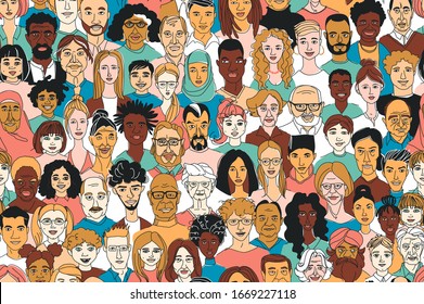 Young, Middle Age, Senior Adult Women's Men's Children's Seamless Pattern Background. Diversity Multiracial, Multiethnic Crowd Group People. Hand Drawn Line Drawing Doodle Vector Illustration Poster