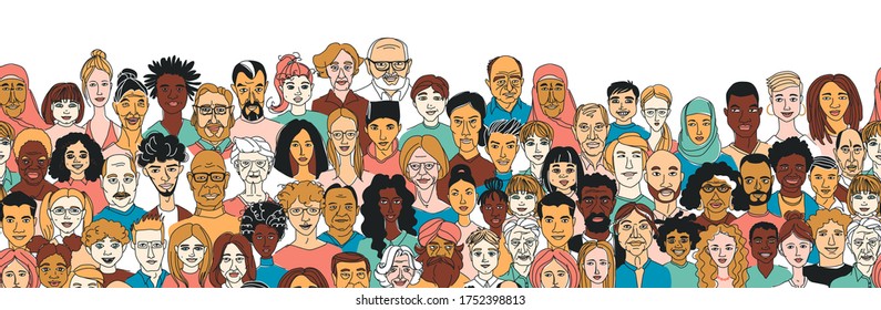 Young, middle age, senior adult women's men's children's seamless pattern border background. Diversity multiracial, multiethnic crowd group people. Hand drawn line doodle vector illustration poster
