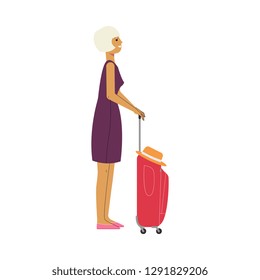 Young middle-age blonde woman in dress with red travel suitcase, plastic bag smiling waiting for a flight. Happy female character, traveller, tourist going to vacation. Vector illustration