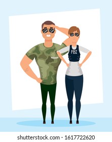 young military man with fbi woman agent vector illustration design