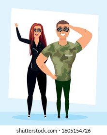 young military man with rude woman characters vector illustration design