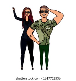 young military man with rude woman characters vector illustration design