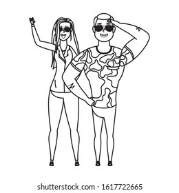 young military man with rude woman characters vector illustration design