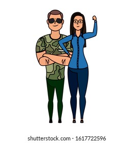 young military man with woman characters vector illustration design