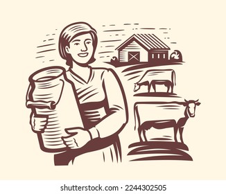 Young milkmaid or farmer standing with milk can, near grazing cows and cowshed. Dairy farm emblem. Vector illustration