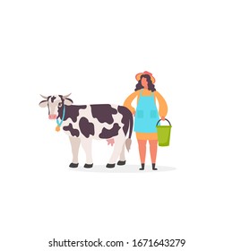 Young Milkmaid Woman Farmer  in Uniform near Cow. Milk and Dairy Agriculture Products concept.  Vector Illustration