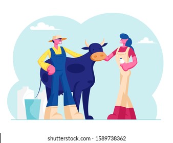 Young Milkmaid Woman and Man Farmer in Uniform Stand near Cow with Bottle and Bucket. Milk and Dairy Agriculture Products, Farming Ranchers Working on Animal Farm. Cartoon Flat Vector Illustration