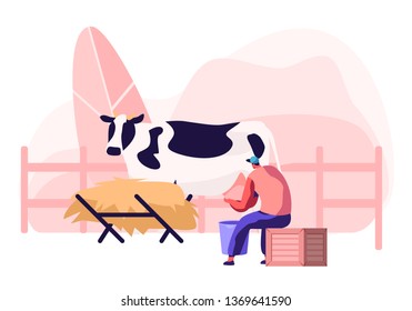 Young Milkmaid Woman in Uniform Sitting on Box and Milking Cow into Bucket. Milk and Dairy Farmer Agriculture Products, Farming Rancher Girl Working on Animal Farm. Cartoon Flat Vector Illustration