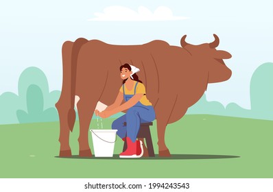 Young Milkmaid Woman in Uniform Sitting on Chair and Milking Cow into Bucket. Milk and Dairy Farmer Agriculture Products, Farming Rancher Girl Working on Animal Farm. Cartoon Flat Vector Illustration
