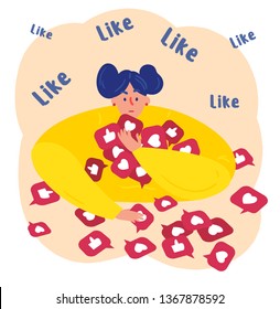 Young millenial girl holds a lot social heart shaped likes and thumbs up. Social media marketing viral concept. Teenager getting likes and thumbs from her many followers and hugs them.