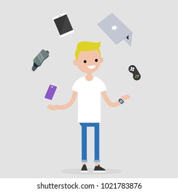 Young millennial character juggling the electronic devices: mobile phone, virtual reality glasses, tablet, laptop and game controller. Multitasking / editable flat vector illustration