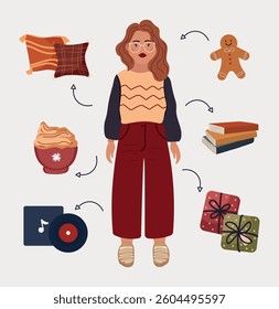 Young Millennial Character, Music Disco Elements Collection, Coffee, Pillow, Books, Christmas Gift, Christmas Cookie.Comfort girl concept. Vector illustration