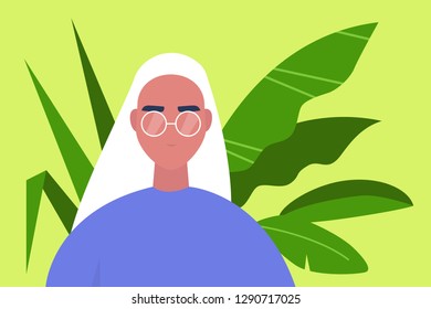 Young millennial character portrait. Plant leaves on a background. Blonde girl wearing glasses. Flat editable vector illustration, clip art
