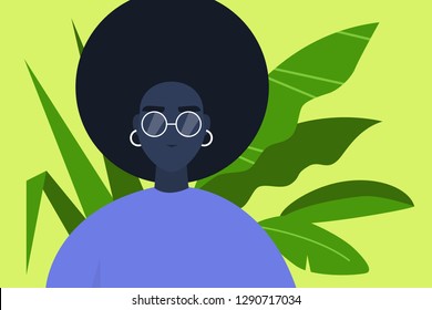 Young millennial character portrait. Plant leaves on a background. Black girl wearing glasses. Flat editable vector illustration, clip art