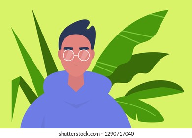 Young millennial character portrait. Plant leaves on a background. Caucasian teen wearing glasses. Flat editable vector illustration, clip art