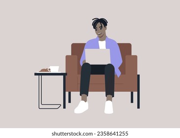 A young millennial character seated comfortably in a leather chair, with a laptop on their lap, actively participating in an online work conversation