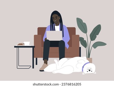 A young millennial character sits comfortably in a leather chair, a laptop resting on their lap, actively engaged in an online work conversation, a funny Samoyed dog lies on its back at their feet