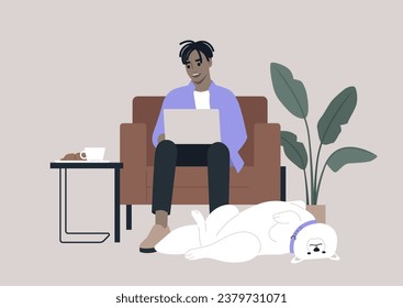 A young millennial character sits comfortably in a leather chair, a laptop resting on their lap, actively engaged in an online work conversation, a funny Samoyed dog lies on its back at their feet