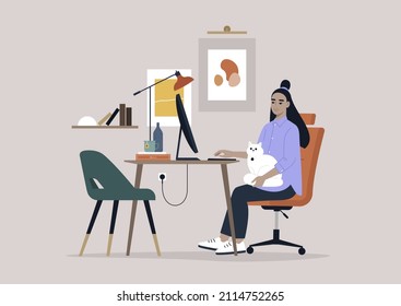 A young millennial character working from home with a cat on their lap, a remote office concept