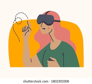 Young millennial female trying VR glasses and making gestures with her hand. Using advanced technology for entertainment, education, gaming and more.