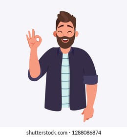 Young millennial happy man man shows gesture cool, gesture good, gesture ok. Vector illustration in cartoon style