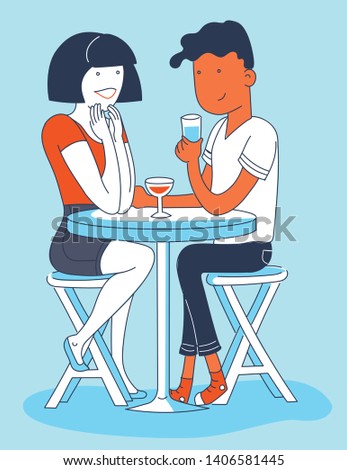 Young millennial hipster couple on a date at a bar drinking alcohol cocktails at a high table. Suitable for dating apps, social media, icons, entertainment, restaurant, bars, activities, interests