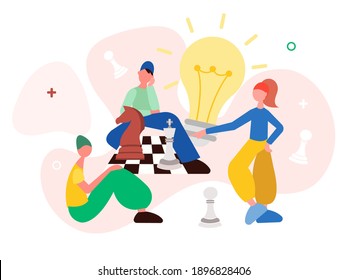 Young millennials people build a strategy for winning a chess game. Business and study analytics and strategy Teamwork concept vector illustration.