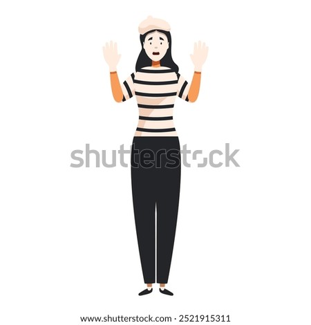 Young mime artist woman standing showing stop gesture with her hands, non verbal communication concept